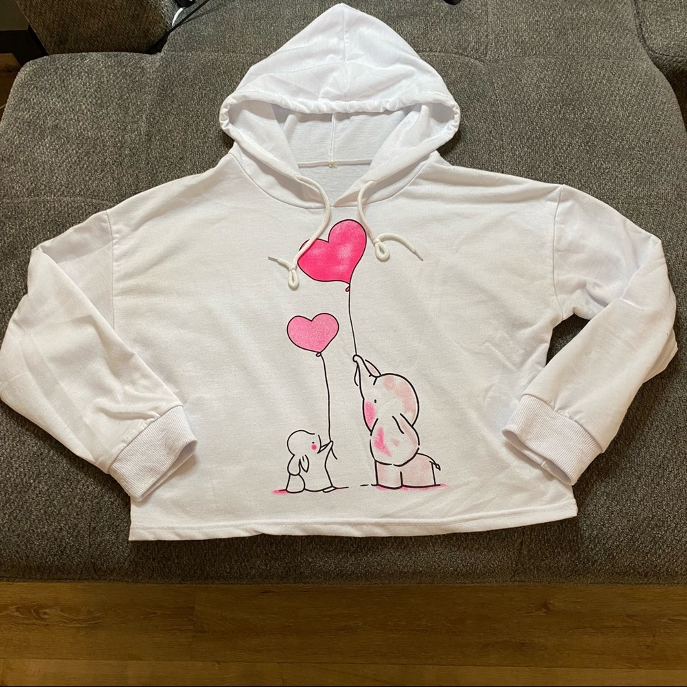 Cropped 3/4 Sleeve Hoodie with Adorable Bunny & Elephant Design